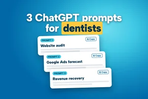 SERP Dental graphic: three ChatGPT prompts for dentists, website audit, Google Ads forecast and revenue recovery
