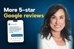 SERP Dental graphic: More 5-star Google reviews, with a same-day review request text on a phone and Sonia Hounsell