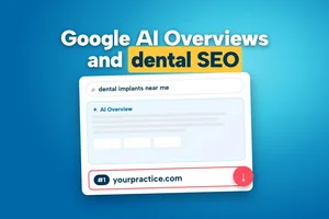 SERP Dental graphic: Google AI Overviews and dental SEO, informational vs transactional searches and revenue tracking