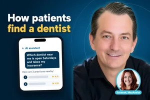SERP Dental graphic showing how patients use AI to find a dentist, from asking a question to booking a visit