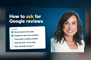 SERP Dental graphic: How to ask patients for Google reviews, with a review link text on a phone and Sonia Hounsell