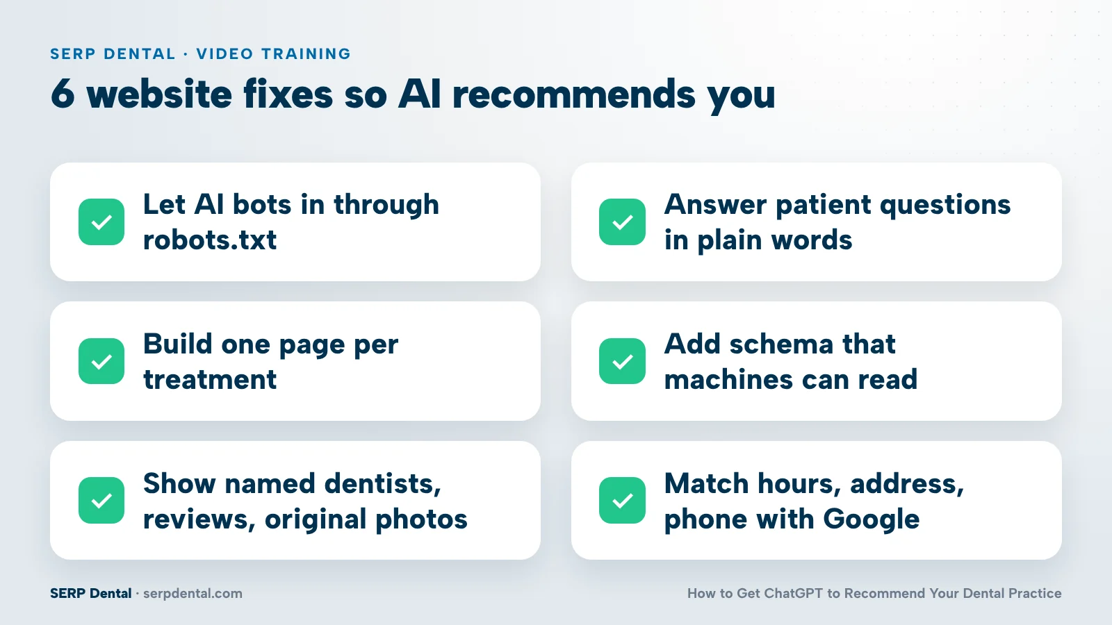 Checklist of six website fixes: robots.txt access, patient Q&A, service pages, schema, proof and consistent business details