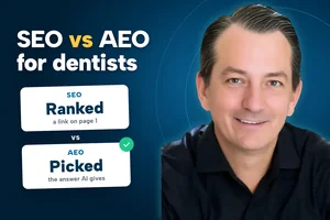 SERP Dental graphic comparing SEO vs AEO for dentists: a walled garden of rankings versus an open system of AI answers