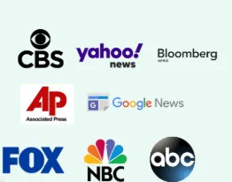 News outlet logos: CBS, Yahoo News, Bloomberg, Associated Press, Google News, FOX, NBC and ABC